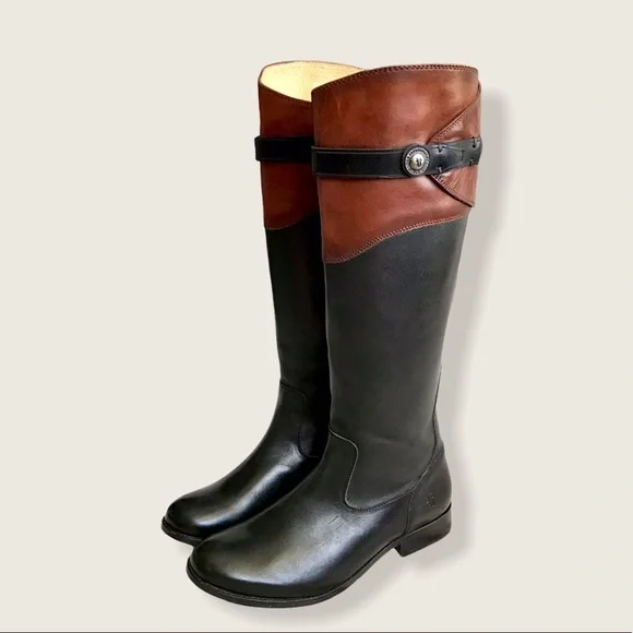 $399 Frye Molly Button Black Brown Multicolor Leather Equestrian Riding Boots